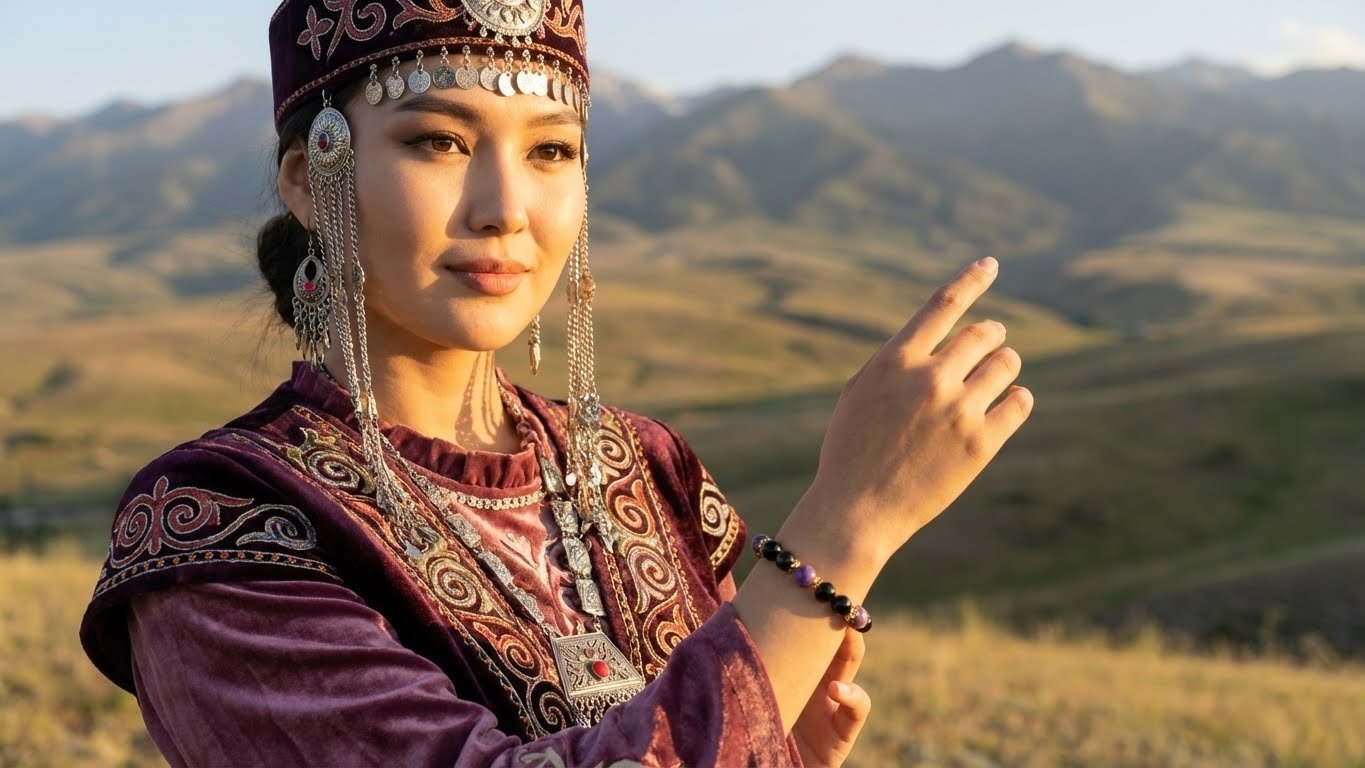 Девушка в национальном костюме с браслетом Beadora из натуральных камней