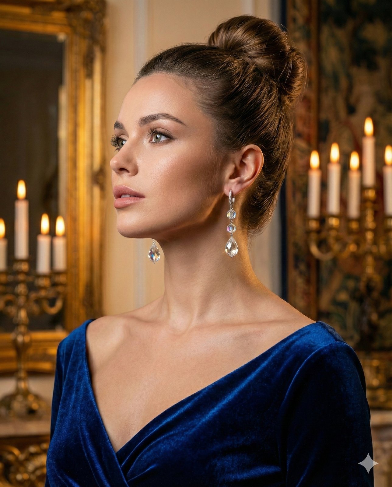 Модель в вечернем образе с серьгами Beadora из хрустальных подвесок