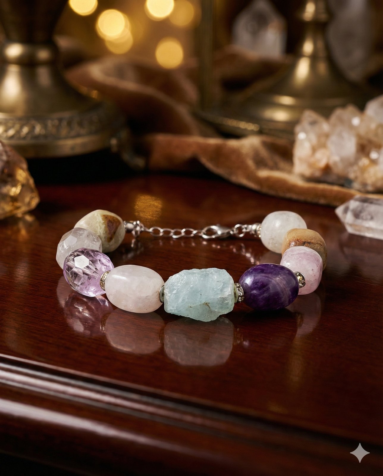 Браслет «Мятная Роса» — Аметист, Розовый кварц, Горный хрусталь