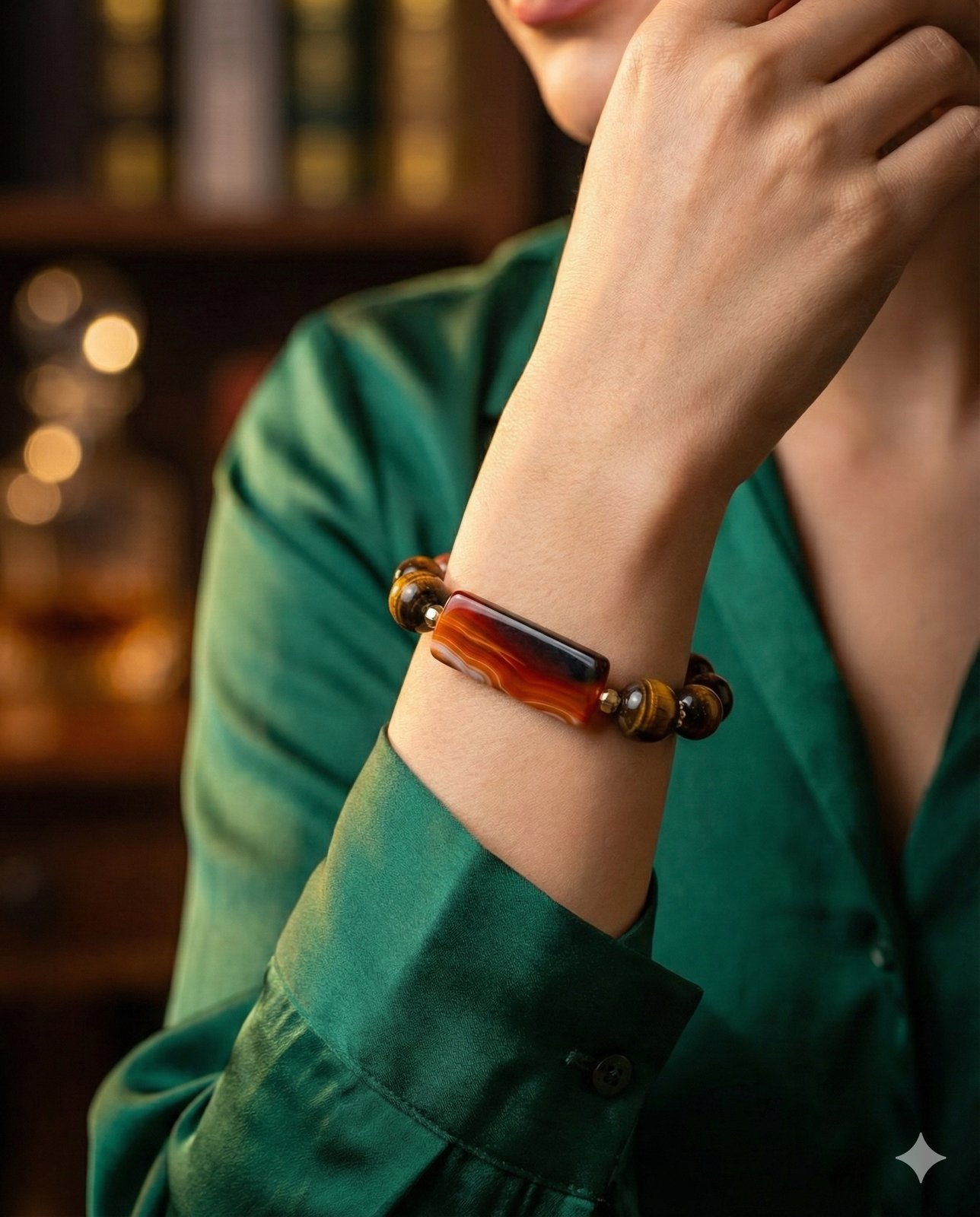 Браслет «Огненный Горизонт» — Агат, Тигровый глаз, Розовый кварц