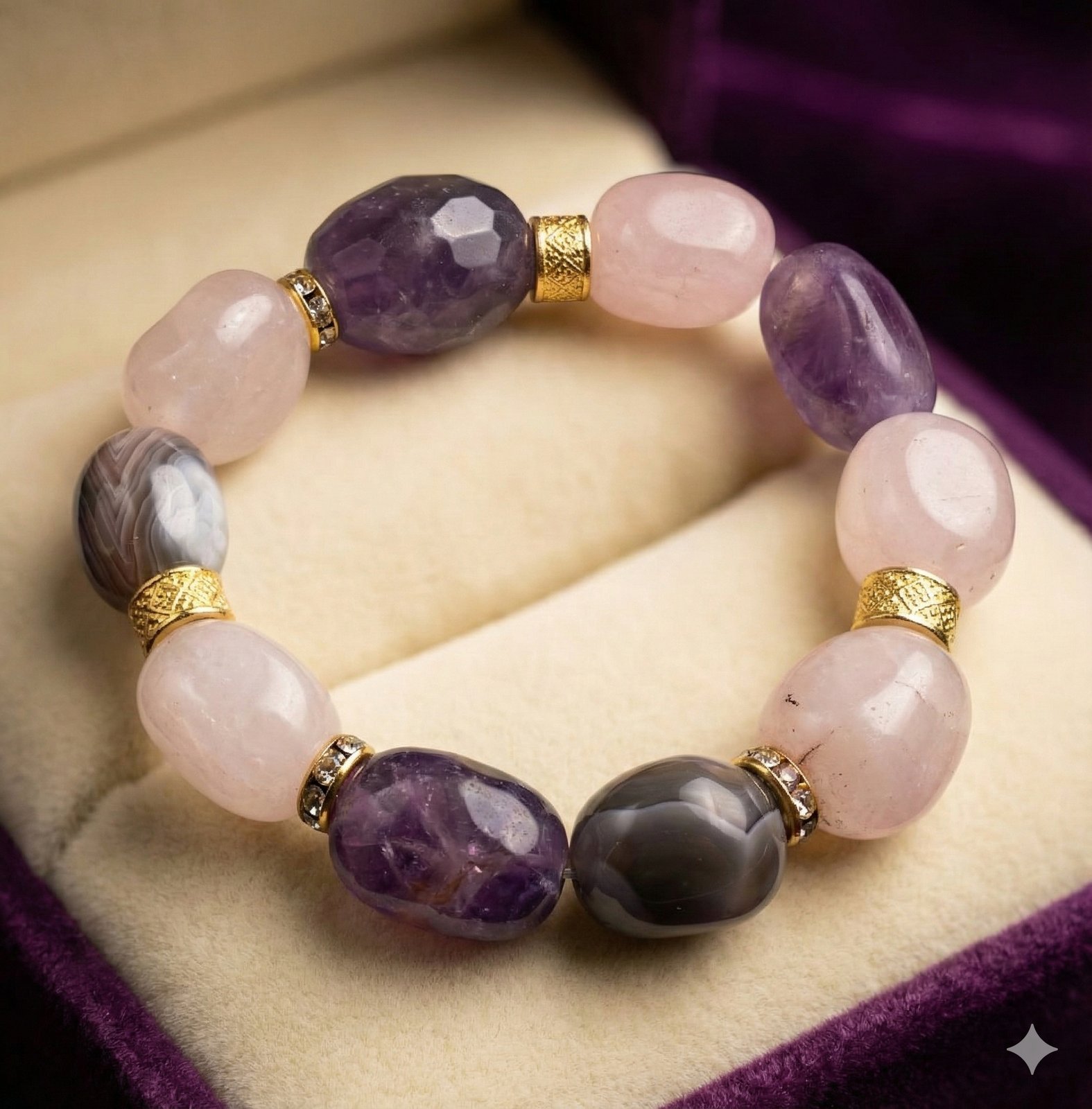 Браслет «Облако Нежности» — Розовый кварц, Аметист, Горный хрусталь