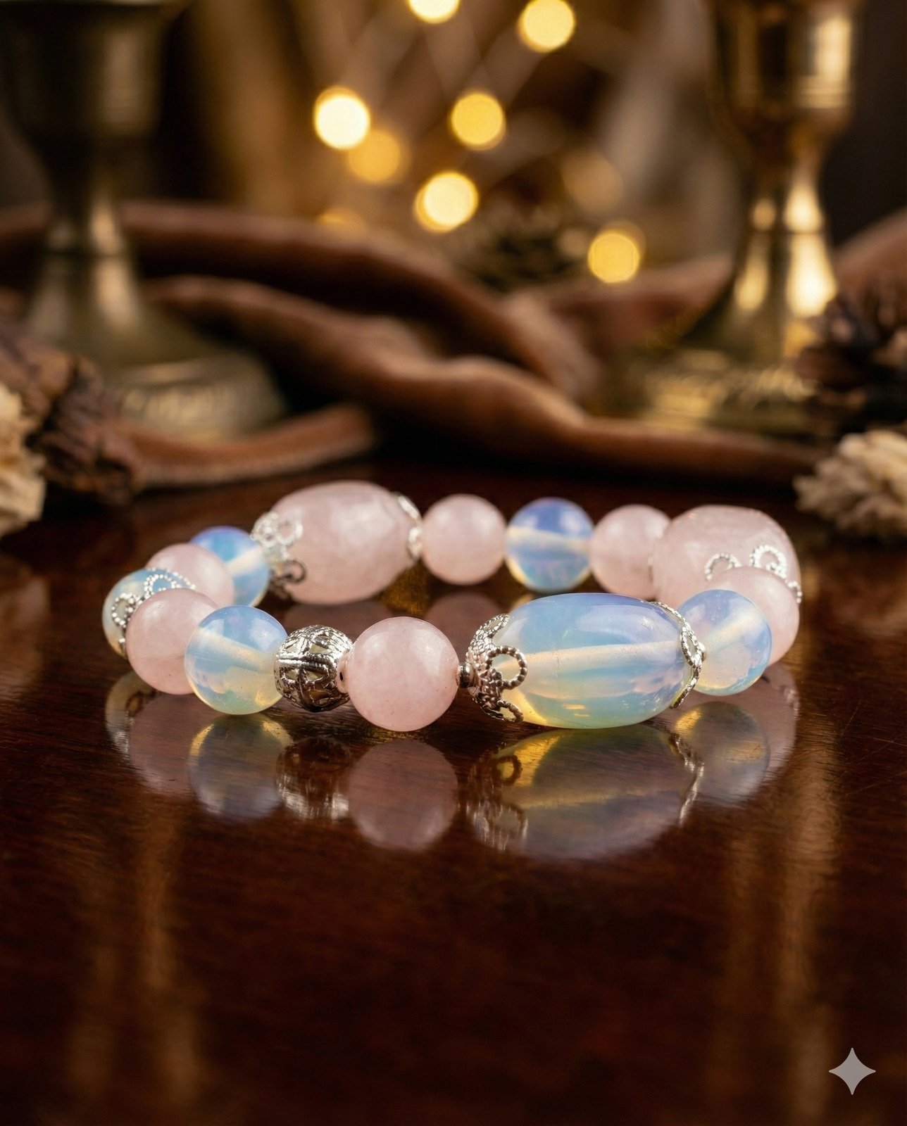 Браслет «Лунный Цветок» — Розовый кварц, Лунный камень