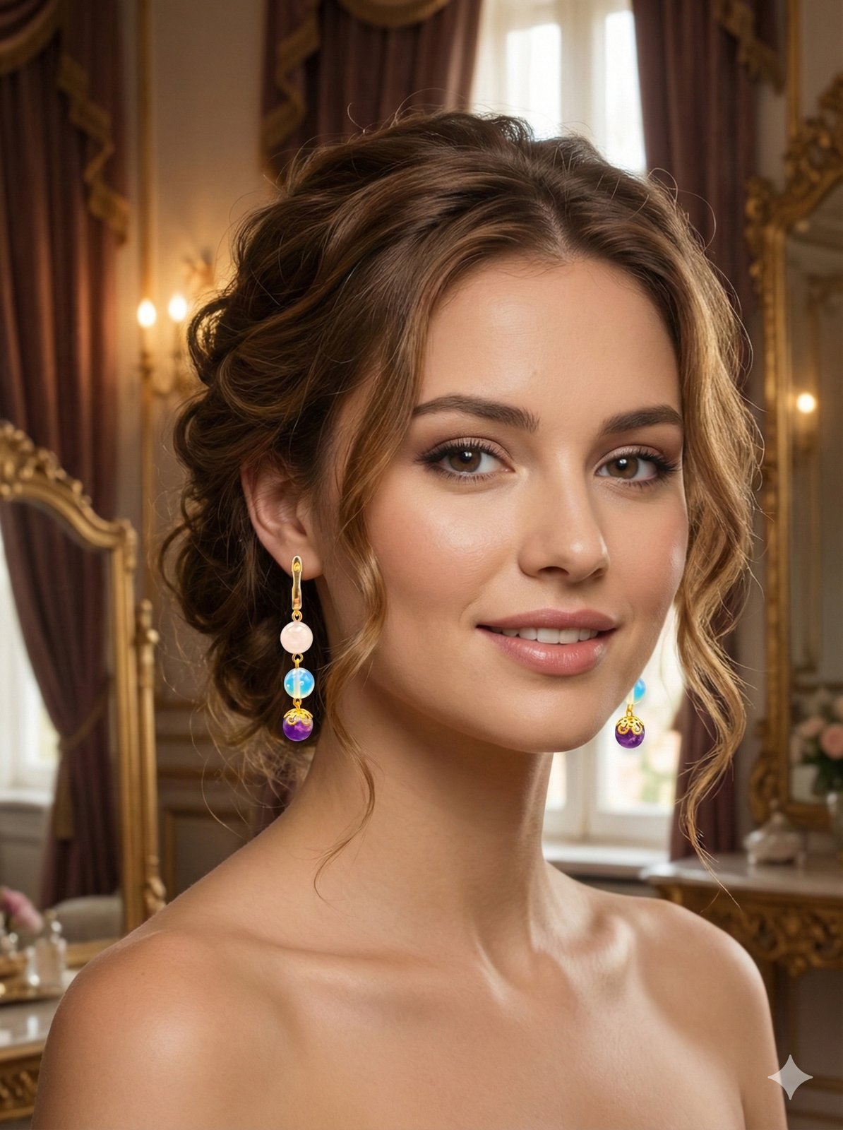 Серьги «Небесная Гармония» — Розовый кварц, Лунный камень, Аметист