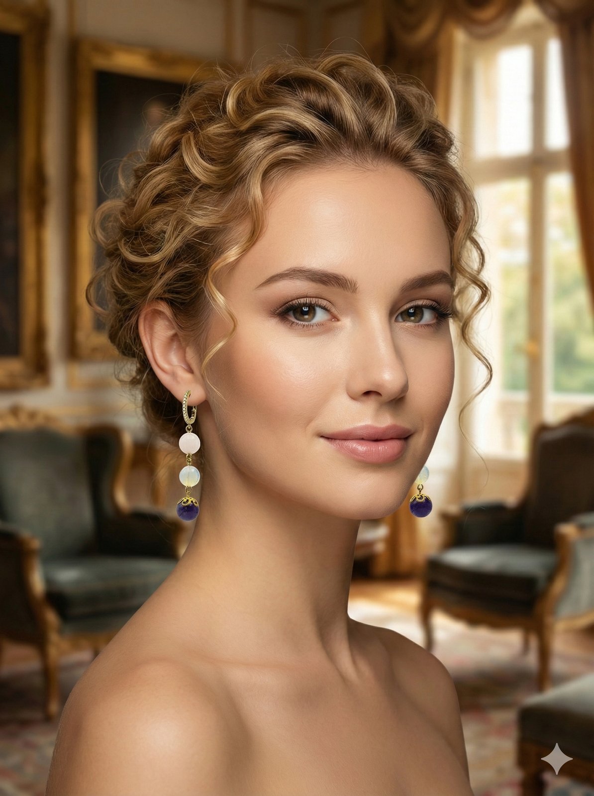 Серьги «Три Грации» — Розовый кварц, Лунный камень, Аметист