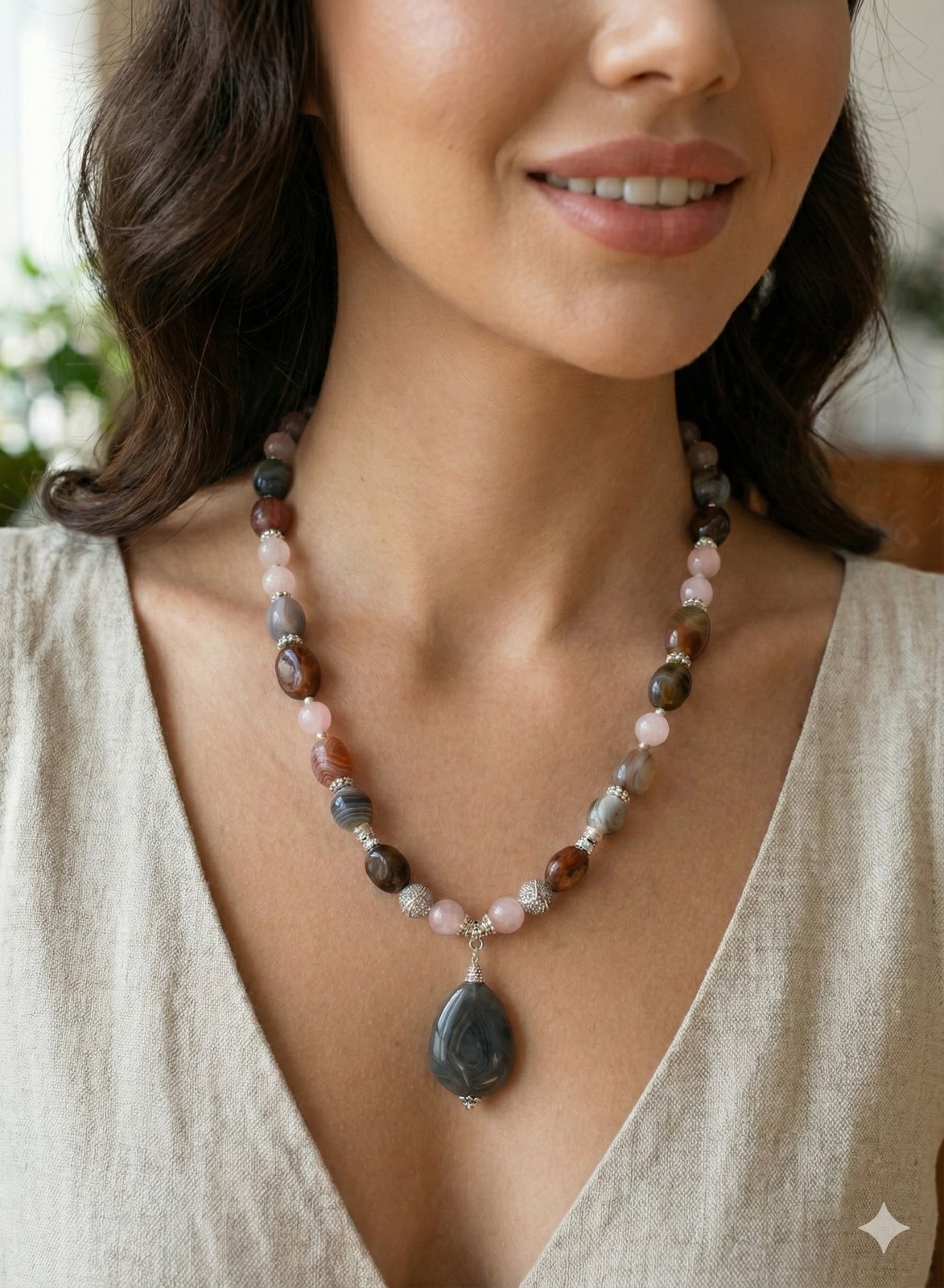 Ожерелье «Лесная Мелодия» — Розовый кварц, Агат, Лабрадорит
