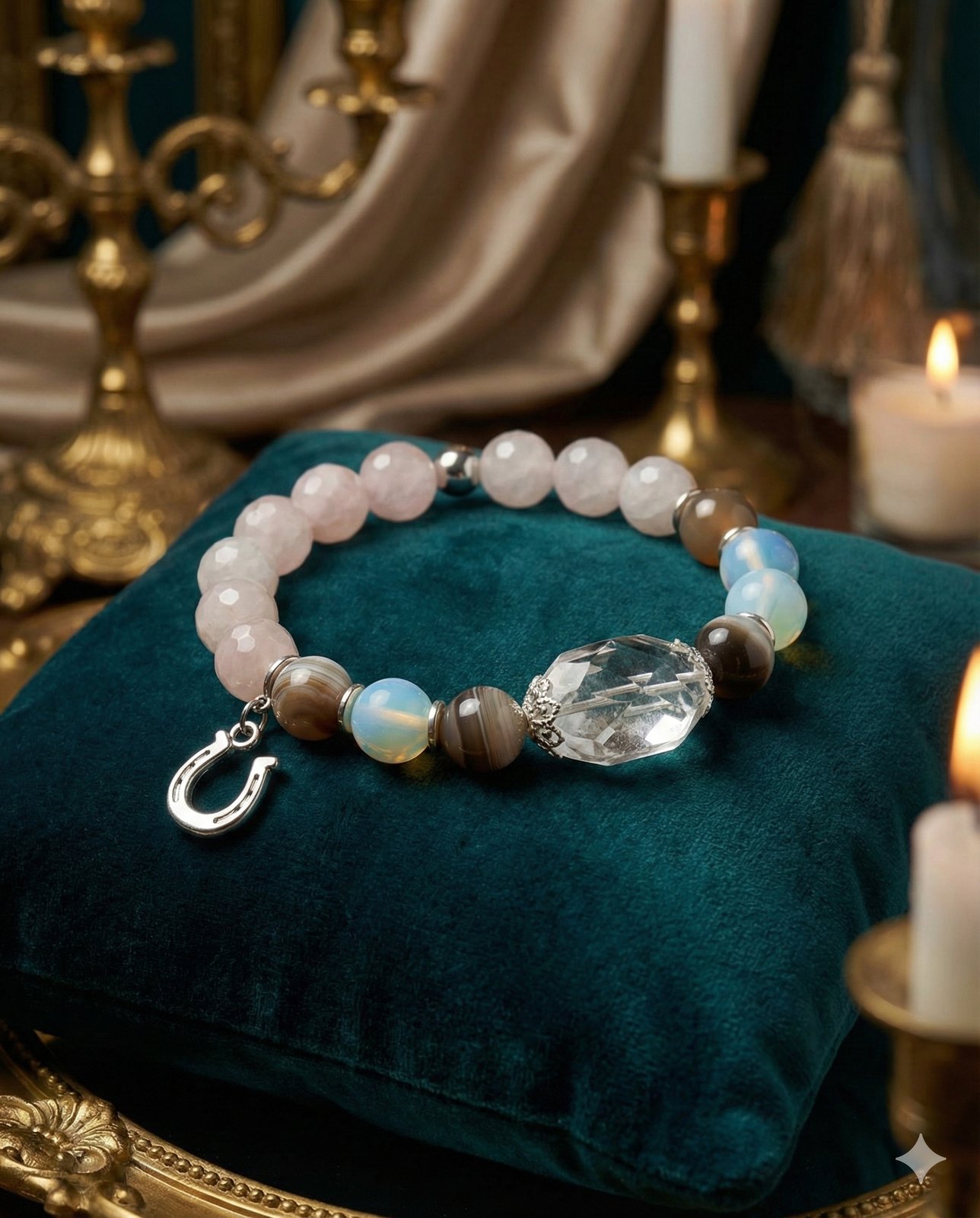 Браслет «Нежность Фортуны» — Розовый кварц, Лунный камень, Агат, Горный хрусталь